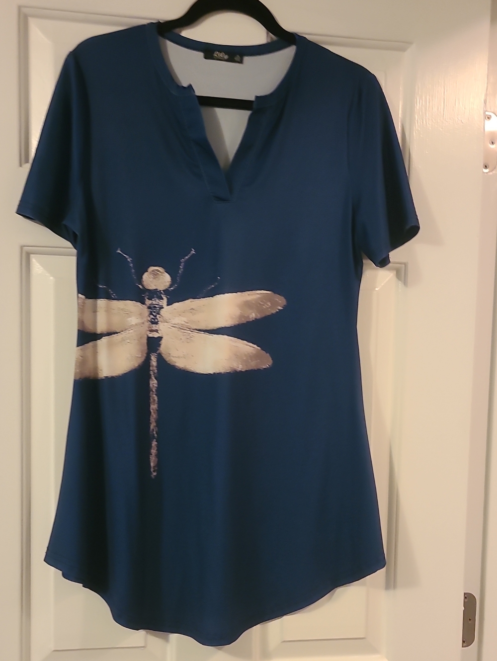 Blue Dragonfly Print V-Notch Tunic Top